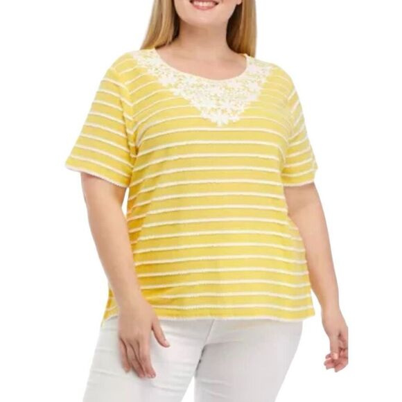 Alfred Dunner Yellow and White Striped Crocheted Lace Top Size 2X - Picture 2 of 14